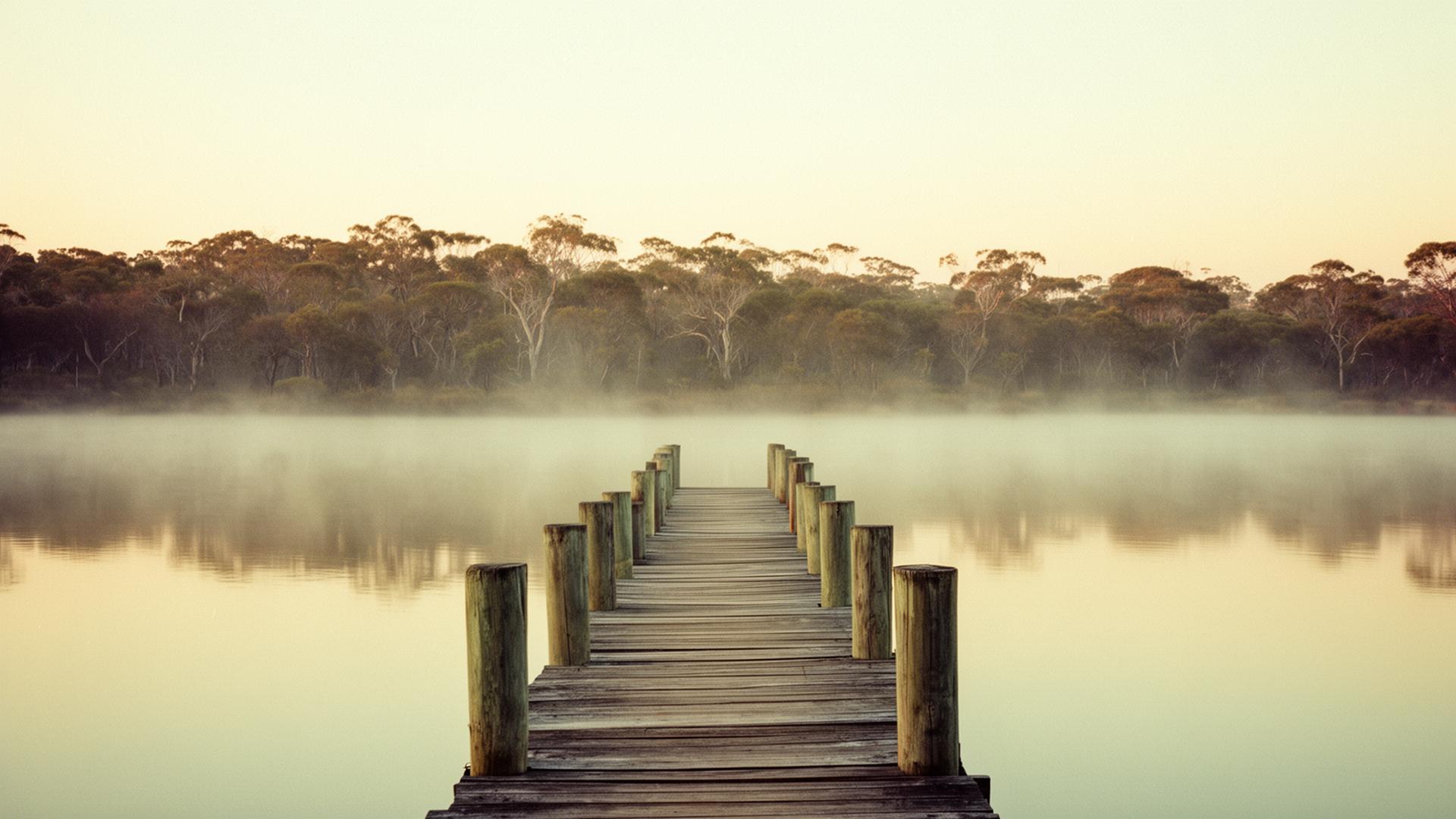 A weathered timber jetty stretching into still water at dawn with Australian bushland on the far shore and mist rising from the surface