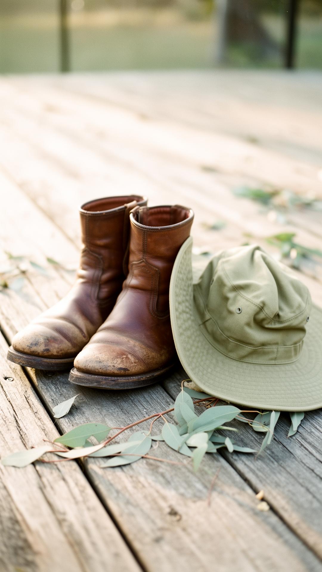 A worn pair of leather boots and a slouch-style hat resting on weathered timber decking, with eucalyptus leaves scattered nearby